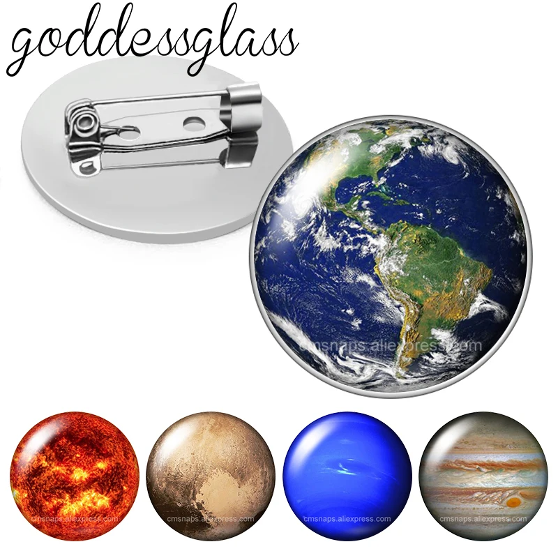 Exoplanets Earth Mars Sun Sky Photo Glass cabochon Brooch pinback button Bag Clothes Denim Jeans Lapel Pin Badge Jewelry Gift