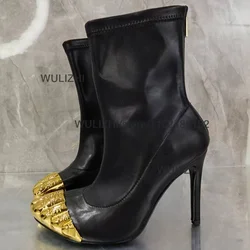 Gold Shiny Five-Finger Toe Short Boots Women Stilettos Metallic Luster Stretch Leather Sporty Catwalk Summer Bling Calf Booties