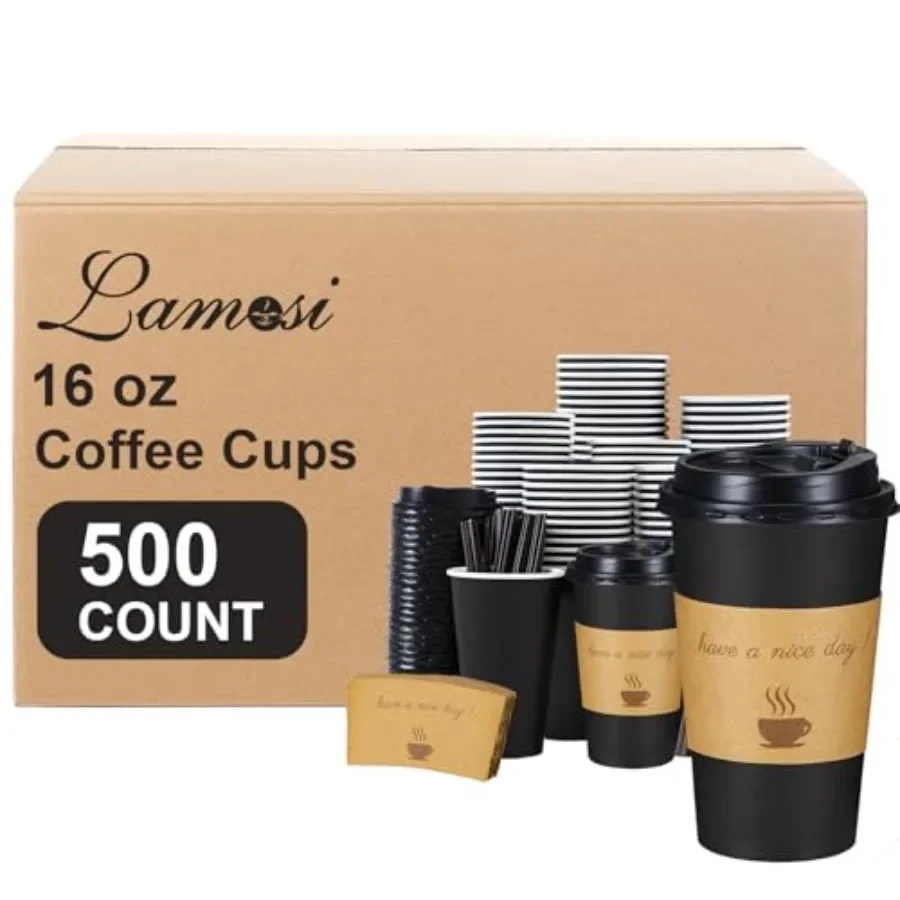 500 Pack 16 oz Disposable To Go Paper Coffee Cups with Lid for Cafe Travel and Home Use Hot Insulated Cups with Lids Stir Stick