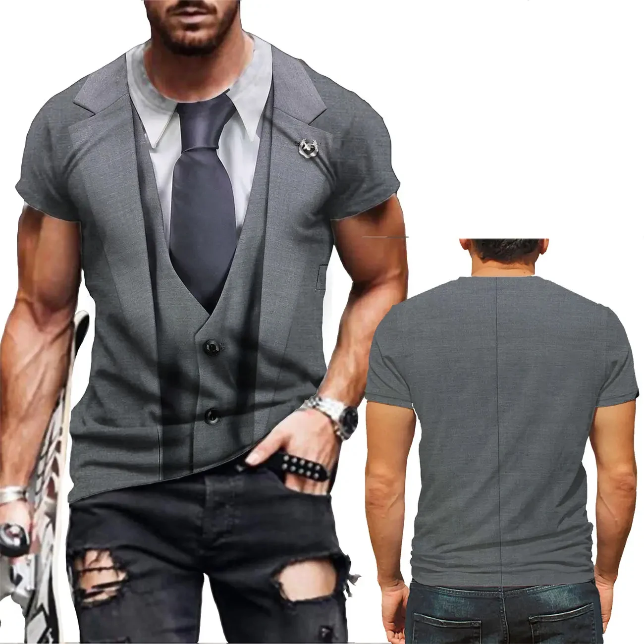 Fashionable and Lnteresting  Western Suit Pictures For Men\'s T-Shirts Trend Digital Printing Casual Round Neck Short Sleeved