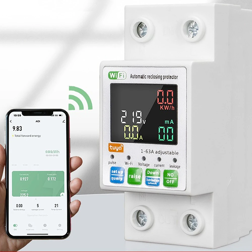 63A Tuya WiFi Smart Circuit Breaker Automatic Reclosuring Protector Intelligent Reclosing Switch Voltage Protective Device