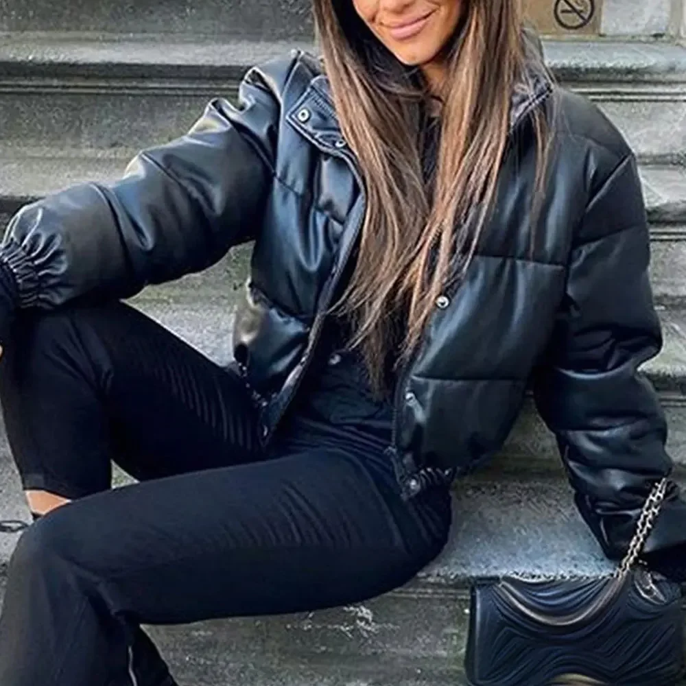 Winter Dicke Warme Abgeschnitten Puffer Jacke Frauen Schwarz Leder Parkas Elegante Zipper Mantel Baumwolle Gepolsterte Punk Outwear