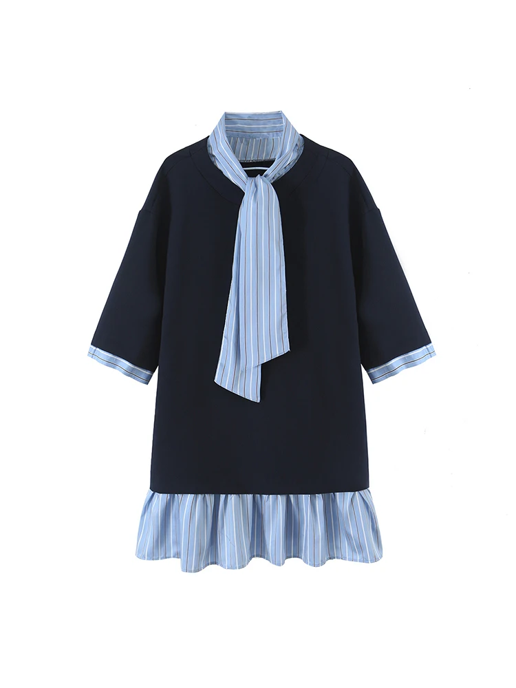 Chic Women Short Dress Leisure Elegant Splice Party Dress New Fashion Bowknot Collar Pleated Dress Half Sleeve Loose Mini Dress