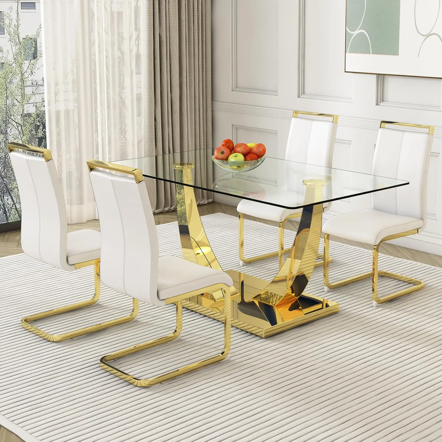 Modern Dining Chairs Set of 4,High Back White Kitchen Chairs,Faux Leather Side Chair with Gold Plated Metal Legs,Easy to Clean