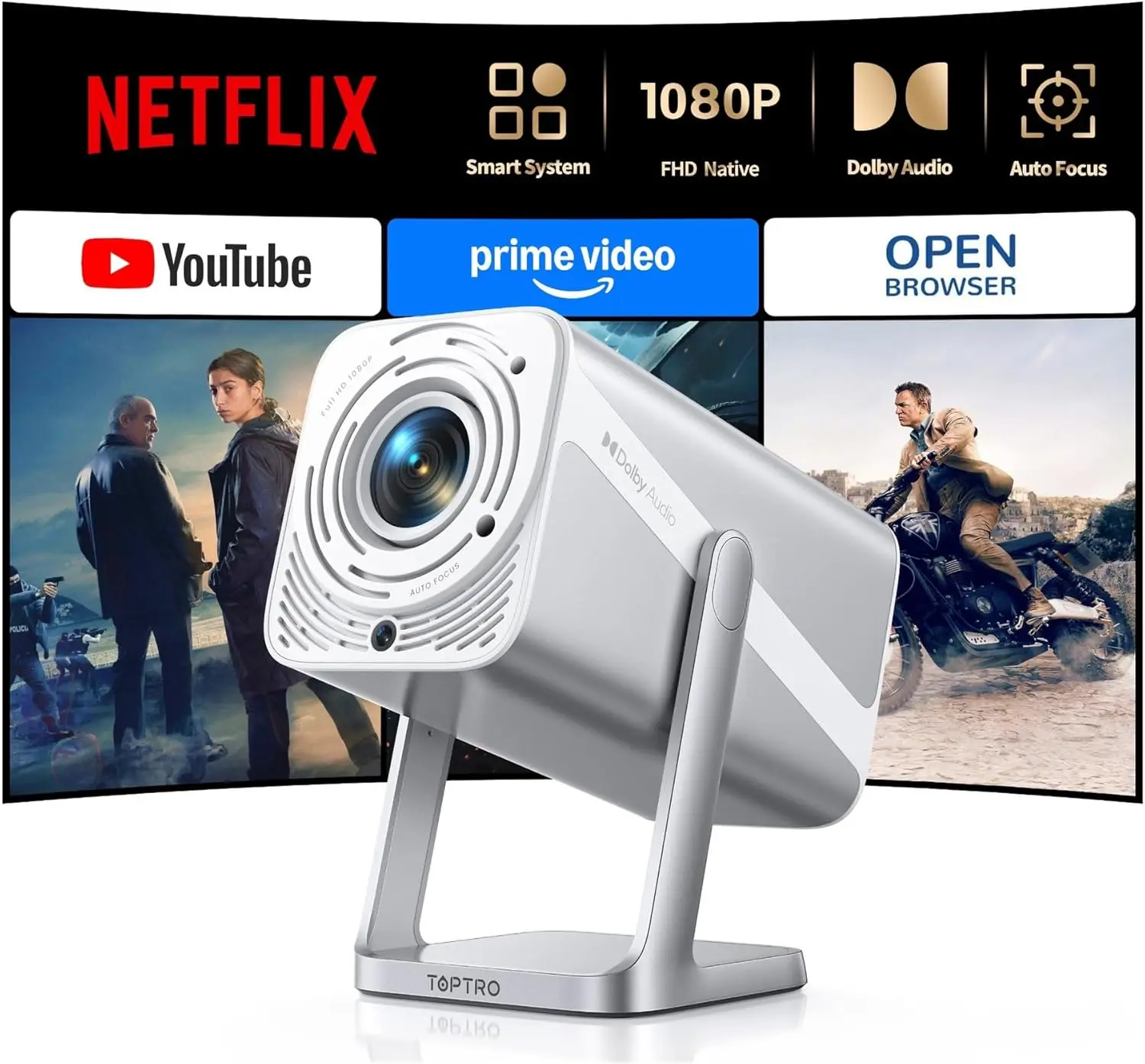 

[4K Support/Auto Focus/360°Adjustable Stand]Smart-Projector-4K with WiFi 6 and Bluetooth5.2, Native 1080P Mini Portable
