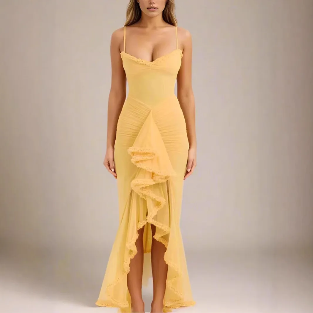 

2025 Spring Summer Women Mesh Camisole Dress Ruffled Sleeveless Fashion Ruched Casual Party Evening Wear Slim Flowy Elegant