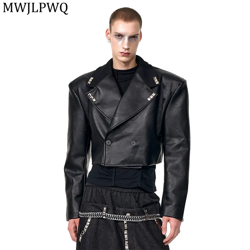 

MWJLPWQ High-End Black Short Leather Jacket For Men High Street Metal Autumn Men's Stylish Padded Shoulder Hiphop Tops 11619
