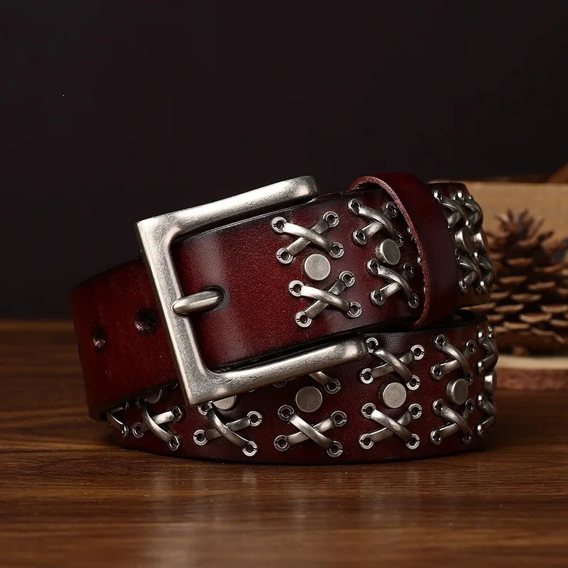 3.8CM Men High Quality Genuine Leather Belt Luxury Pin Buckle Rivet Punk Style Belts Cowskin Vintage Strap Male Jeans for Man