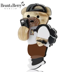Beaut&Berry Enamel Acrylic Bear Brooches for Women Unisex Animal Pins Casual Party Accessories New Year Gifts Friends Decoration