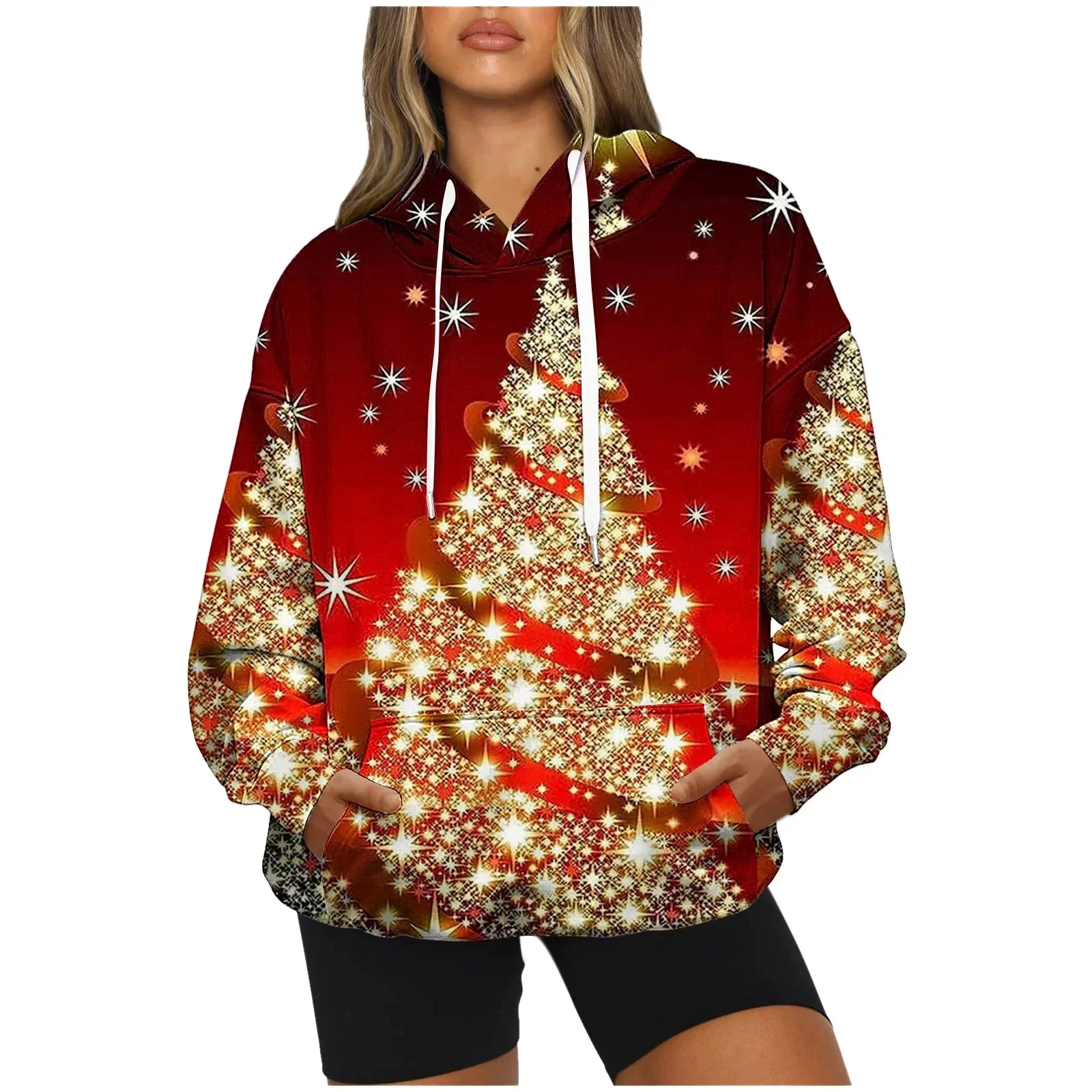 Christmas Hoodies Christmas Tree Snow 3D Print Women Fashion Long Sleeve Hooded Sweatshirts Streetwear Pullovers Female Clothing