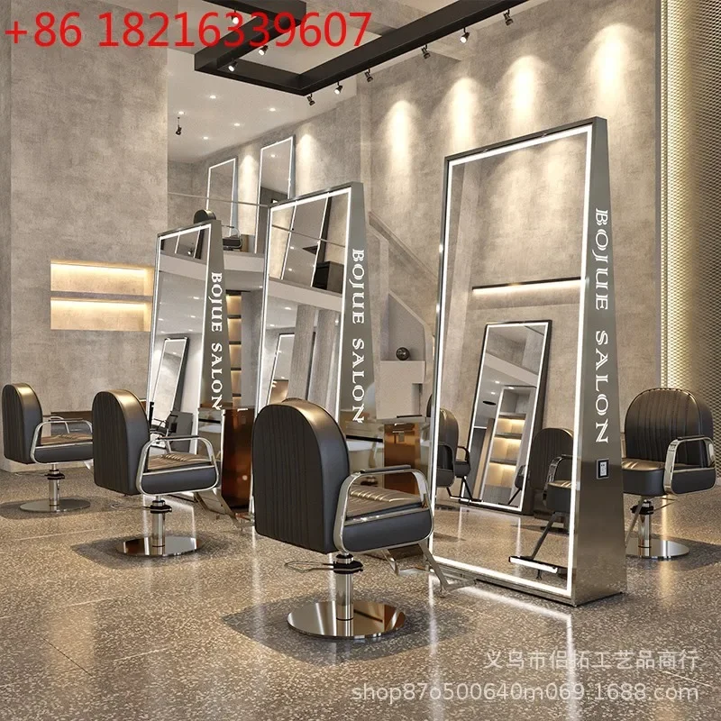 Single and double-sided floor-to-ceiling mirror hairdresser mirror with lamp stainless steel haircut