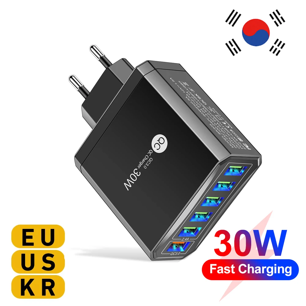 30W 6 Ports USB Wall Charger QC3.0 Fast Charging Phone Adapter Multi Port Mobile Phone Charger Plug For iPhone 15 Samsung Xiaomi