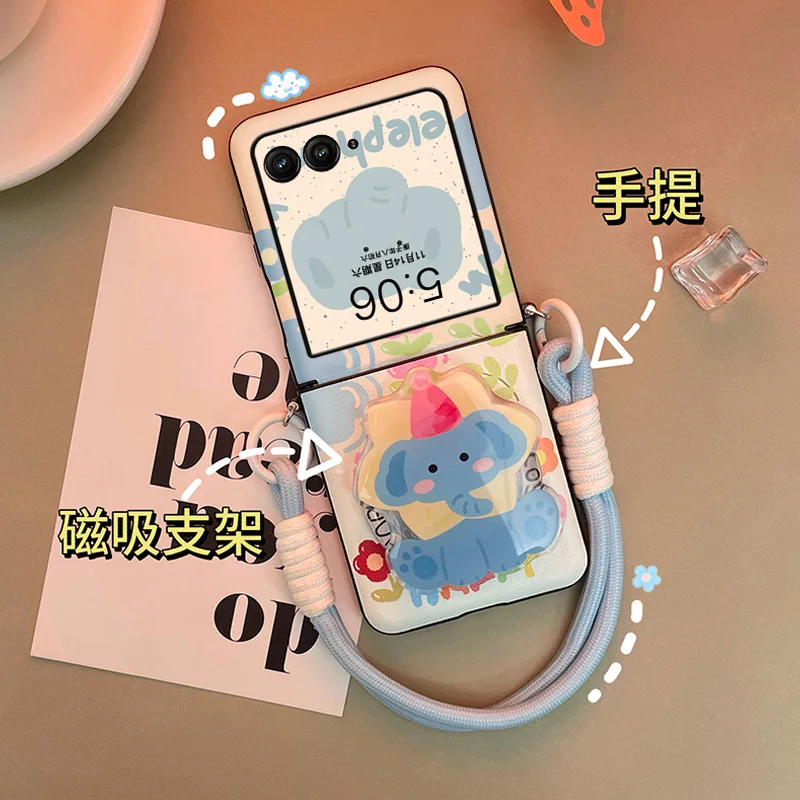 

Чехол для Motorola Razr 50 Ultra Razr Plus 2024, креативный противоударный чехол из искусственной кожи с синим слоном и подставкой для мобильного телефона