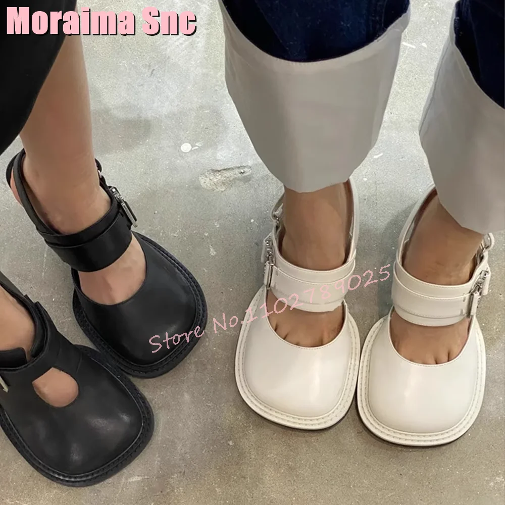 Fashion Round Toe Shallow Pumps Ankle Buckle Strap Metal Heel Leather Women Shoes Spring Summer 2023 White Solid Casual Newest