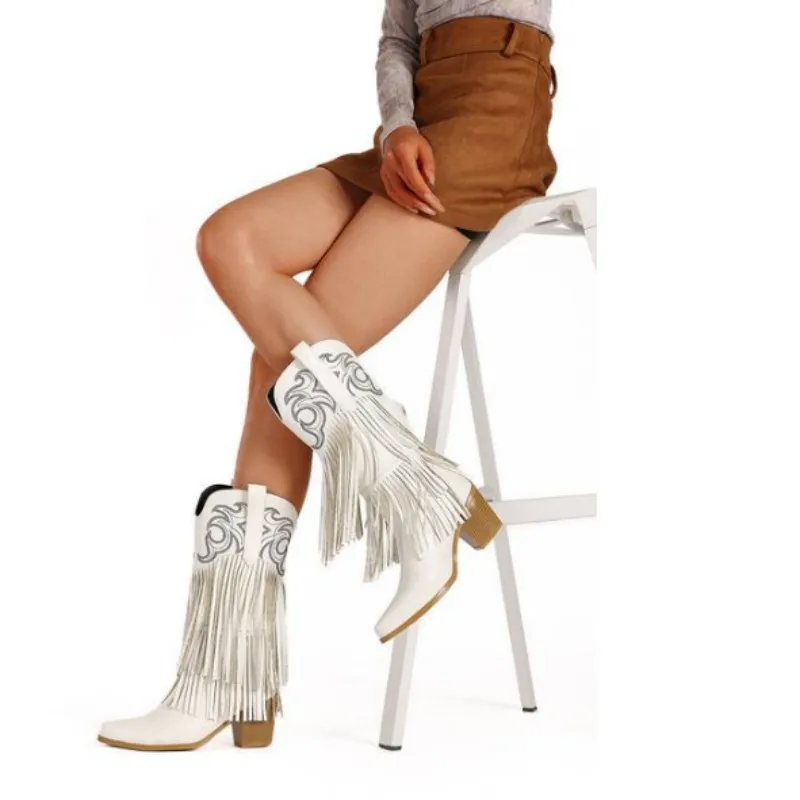 

Beautiful women's low heeled boots. Black (white, red) matte PU boots. About 7cm heel height. Mid calf boots. Tassel boots.34-46