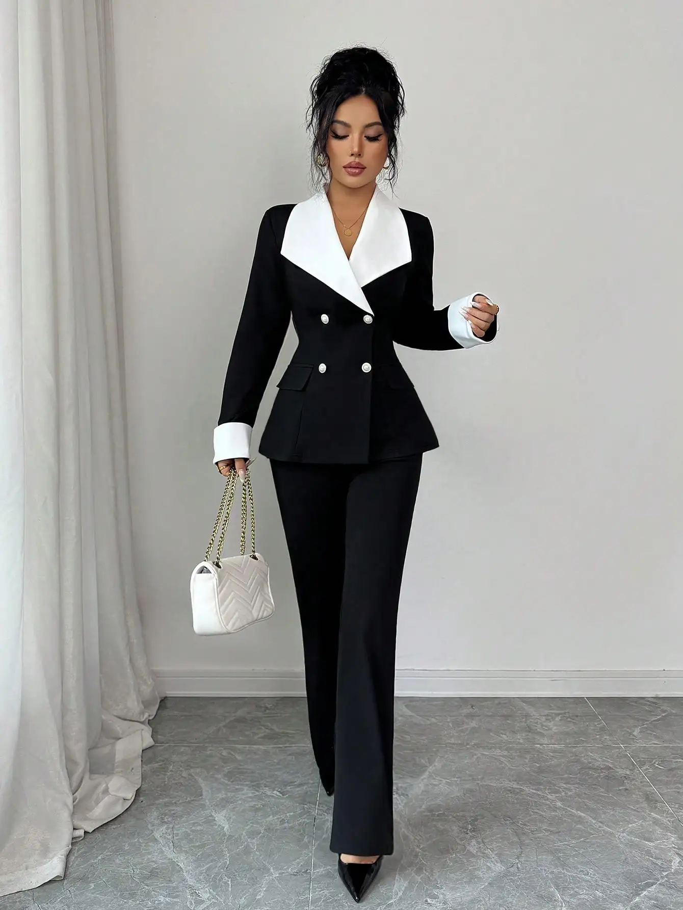 

Women Contrast Color Lapel Double-Breasted Long Sleeve Jacket And Flared Pants Elegant Suit Set