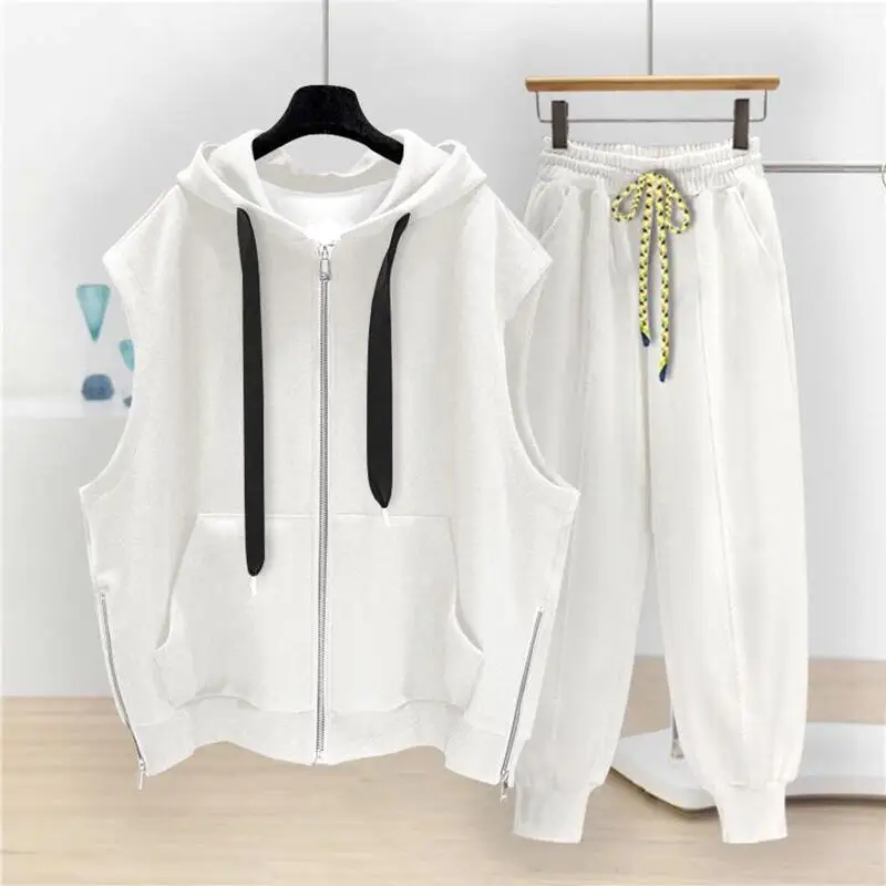 Summer Men Sets Casual Hooded Vest Men Solid Sleeveless Hoodies Fashion Loose Zipper Cardigan Sweatshirts + Long Sweatpants