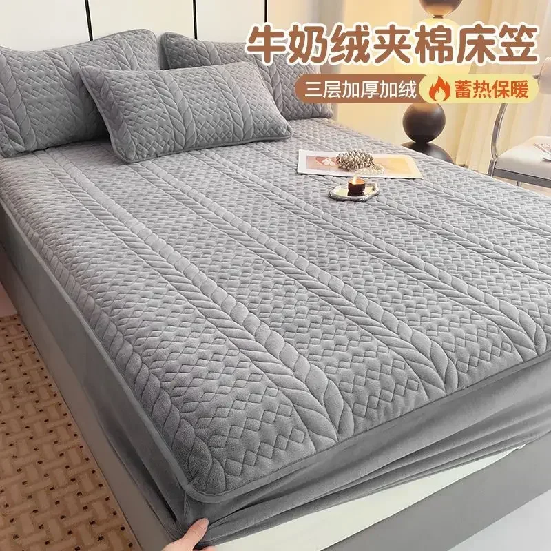 Winter Quilted Milk Velvet Fitted Bed Sheet with Elastic Band Soft Warm Plush Mattress Cover Bedspread Single Double Bed Cover