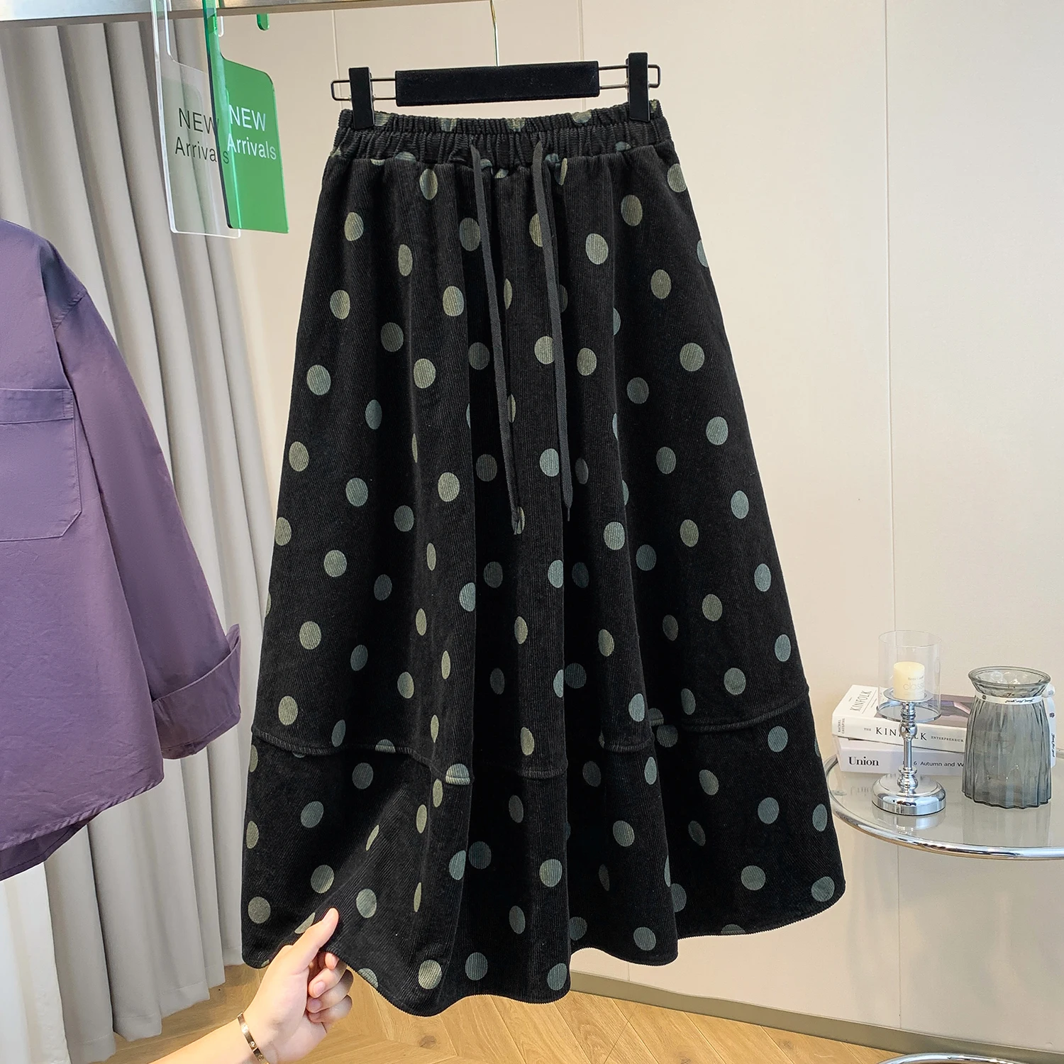 

Женская вельветовая юбка в горошек больших размеров, тонкая юбка трапециевидной формы с цветочным бутоном, толстая юбка-миди, хлопок с высокой талией