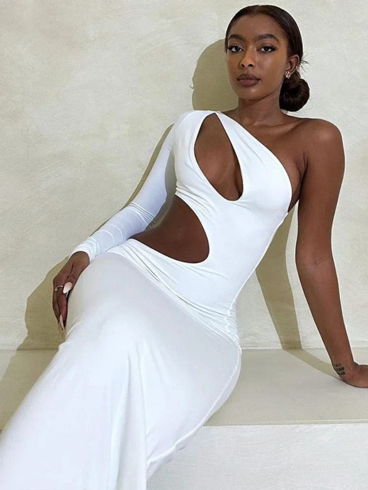 WeiYao Sexy Irregular Hollow Out Design Birthday Party Dress Prom Dress Oblique Neck One Shoulder Sleeve Maxi Dresses for Women