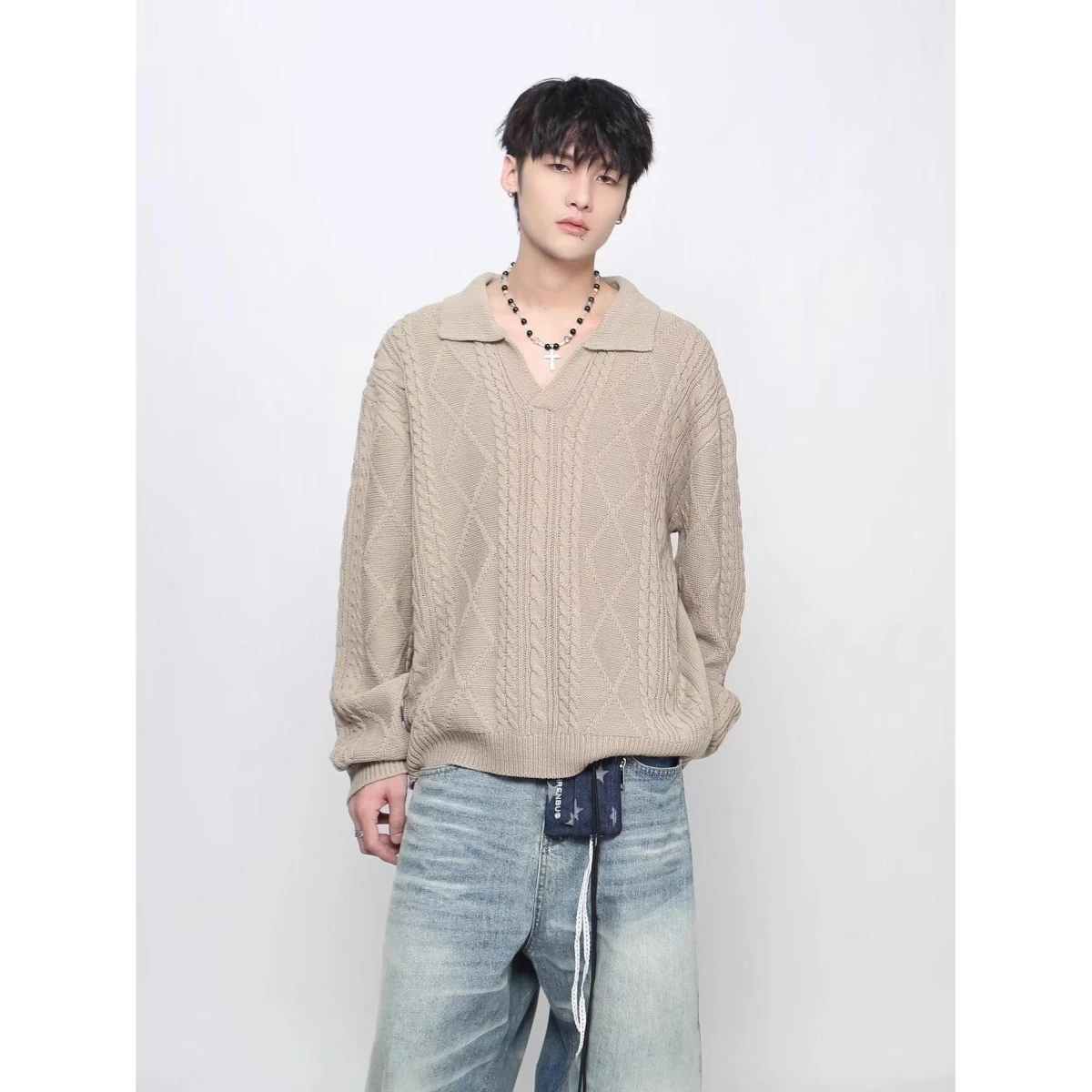 

American Retro Casual V-ne Knitted Sweater Men's Color Open Cardigan Winter Outerwear Loose Fit Long Sve