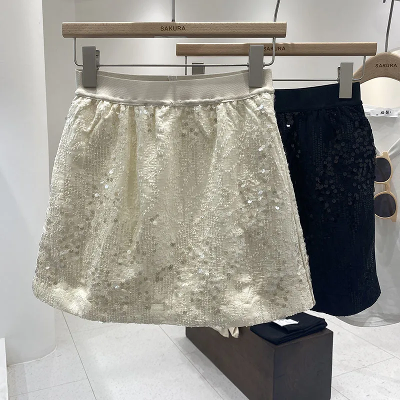 Mini Skirt Women 2024 Summer New High Waisted A-Line Slim Solid Sequins Skirts Fashion Office Ladies Elegant Shiny Skirt