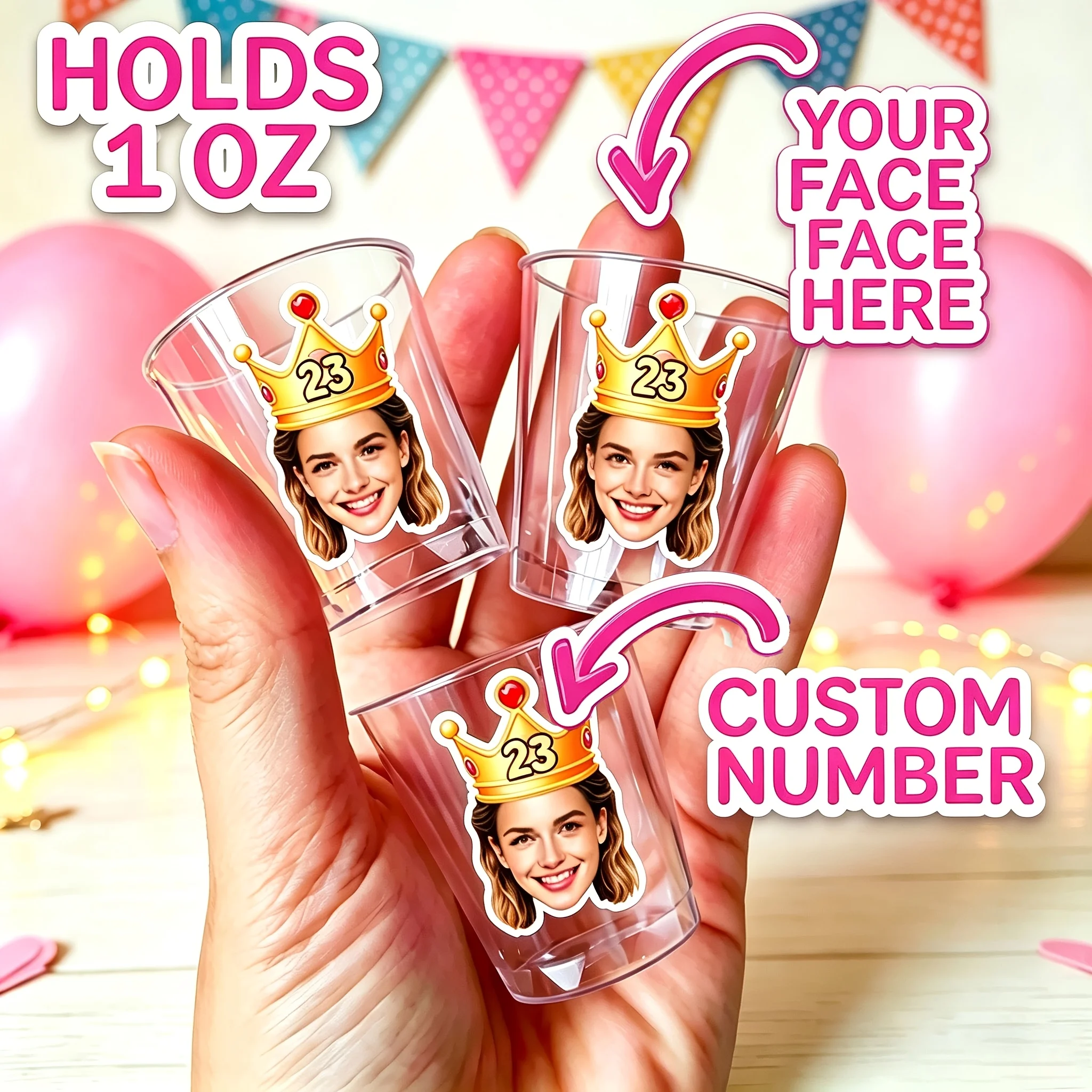 5-Piece Set of Customized Face-Shaped Wine Glasses, Customizable Crown Year Number, Transparent Plastic Shot Glasses, Birthday Party Favors, Unique Birthday Commemorative Gifts