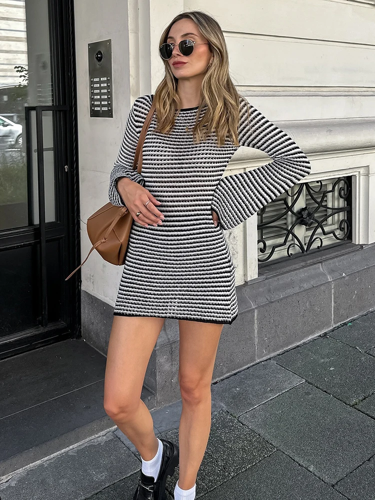 

TARUXY Striped Block Color Knit Mini Dress For Women High waist Flare Sleeves Hollow Slim Autumn Fashion Bohemian Beach Dresses