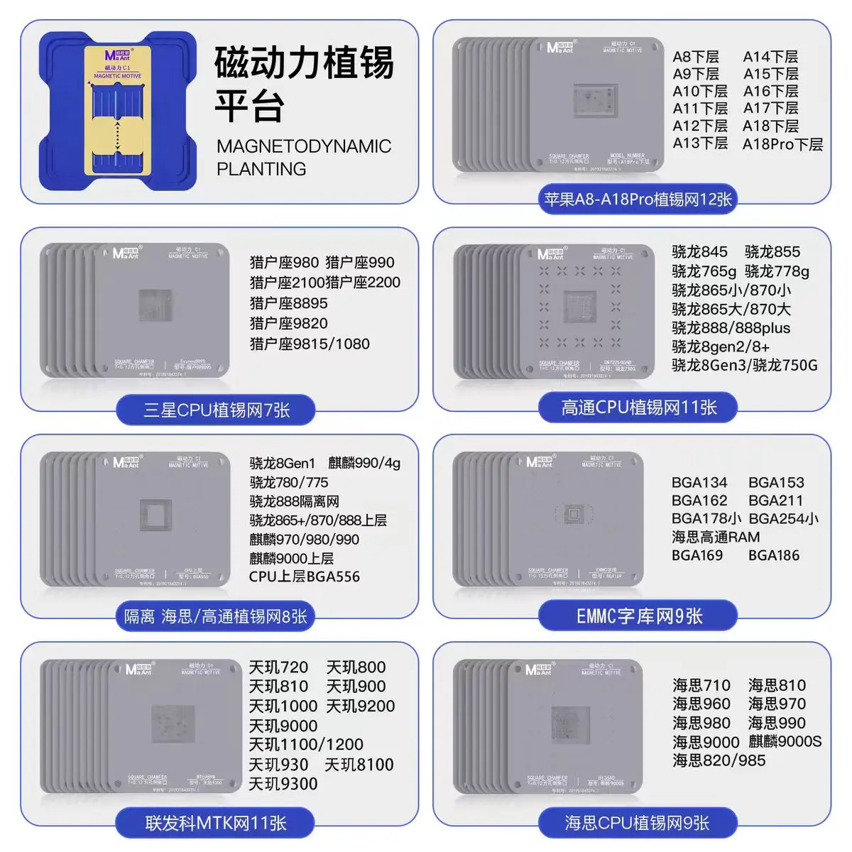 MaAnt C1 BGA Reballing Stencil Platform For iPhone A8-A18 Motherboard MTK EMMC Qualcomm HUAWEI CPU Welding Mesh Repair Tools Set