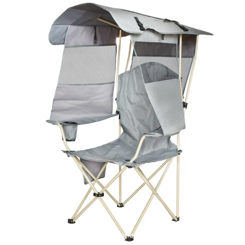Portable Foldable Camping Chair with Sun & Rain Canopy Armrest Backrest Outdoor Leisure Seat for Fishing BBQ Beach Picnic Hiking