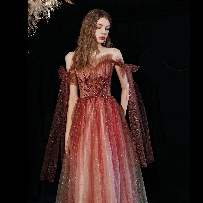 

Red Gradient Evening Dresses 2024 Slim Wedding Party Robe Appliques Design Bling Gala Dresses Mesh Tiered Pleated Prom Dress