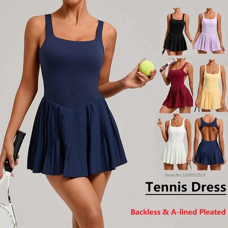 Gym Romper Women Sexy Backless Short Tennis Dress Bodysuit Sleeveless Pleated Workout Tennis Skirt Slim Pleated Yoga Dress