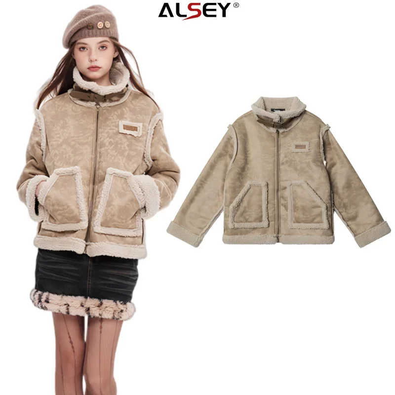 

ALSEY Winter New Women's Parkasstand-up Collar Coat Lamb's Wool Cotton Clothing Loose Thickened Jacket Girls Cotton 2023 Fall