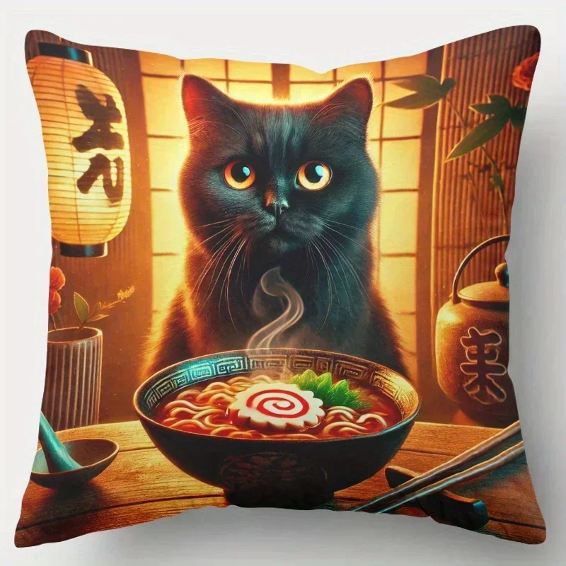 1pc 2d Flat Pillow Not Included Black Cat Ramen Bowl Japanese Style Cushion Cover Short Plush Foodie Pet Lover Decor Pillowcase