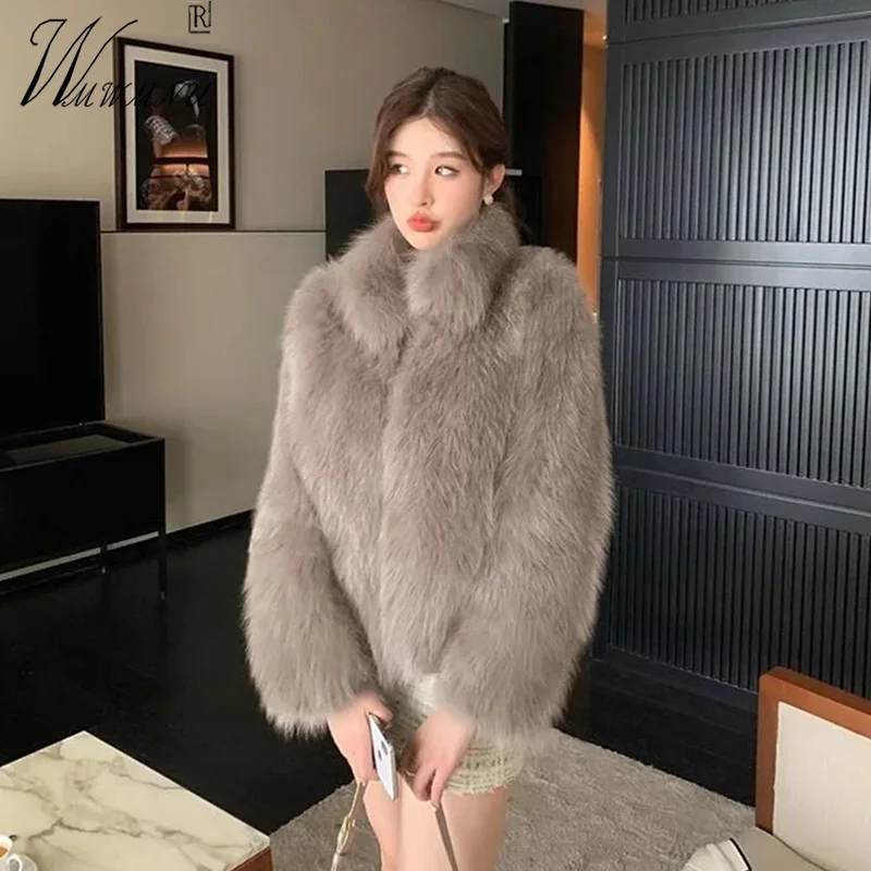 Winter Stand Collar Faux Fox Fur Coats Women Korean Thick Short Luxury Chaquetas Warm Loose Casual Snow Wear Plush Furry Jacket