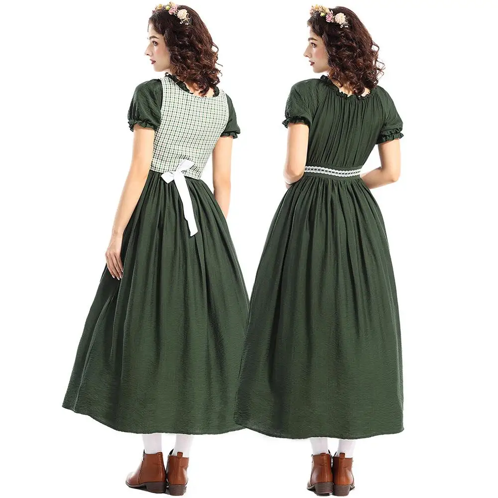 Dress Vest Apron Scarf 4Pcs Set Halloween Cos Grassland Colony Dark Green Countryside Plaid Dress Victorian Medieval Costume