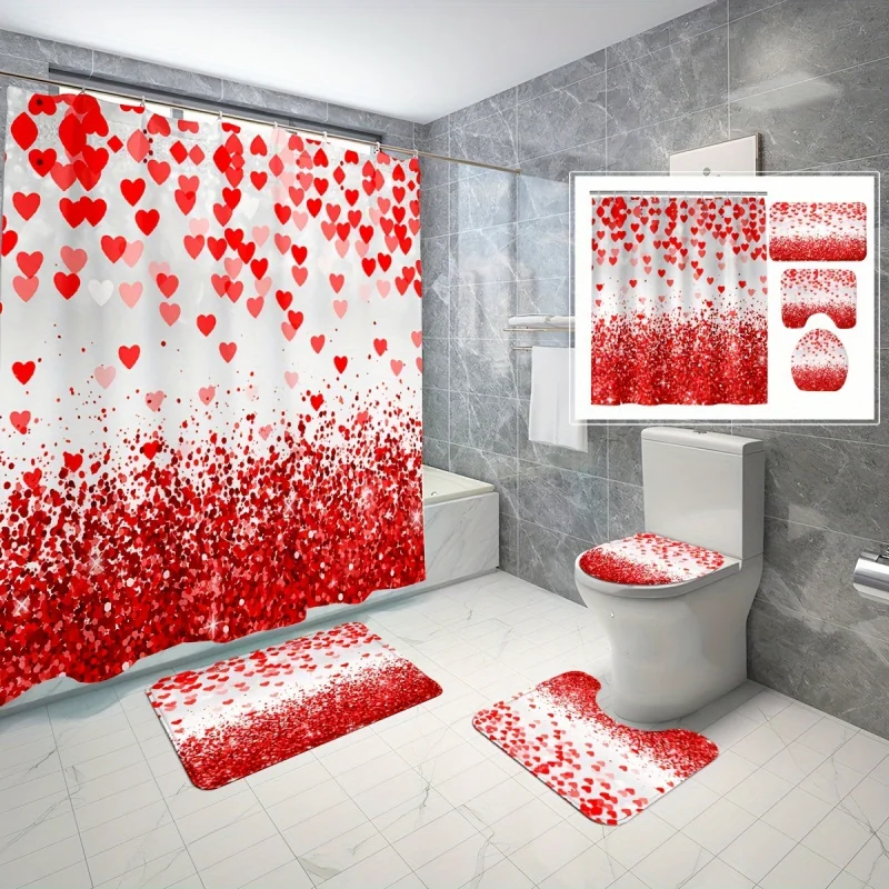 4pcs Red Heart Set, Waterproof Curtain With 12 Hooks, Non-Slip Bathroom Back, U-Shape Mat, Toilet Lid Cover Pad,