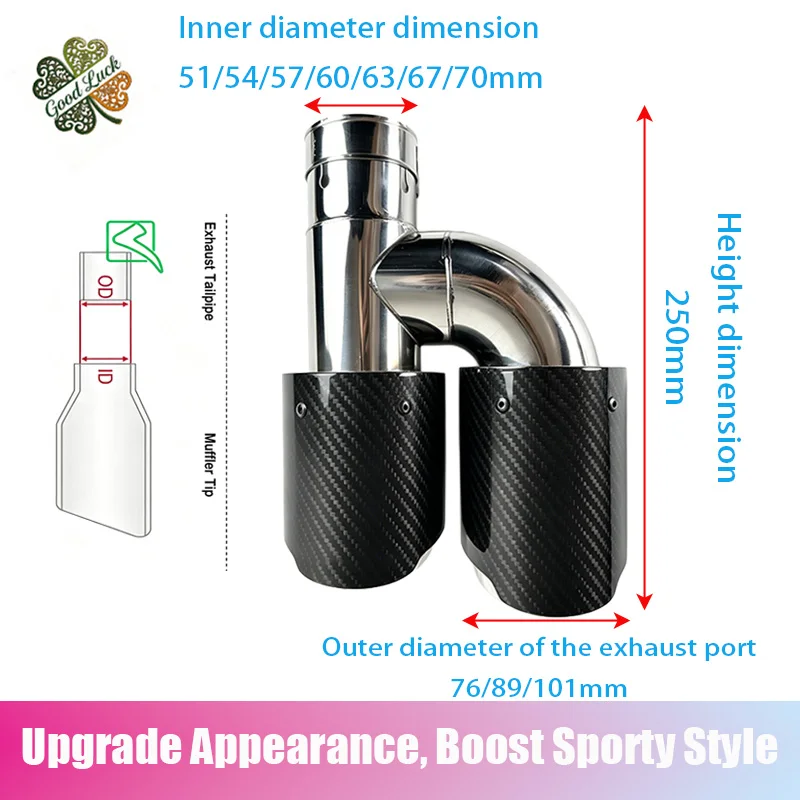 1PC H Type Modified Exhaust Tip Inner Silver Outer Glossy Carbon Fiber Universal Vehicle Rear Tail Pipe Replacement Accessories