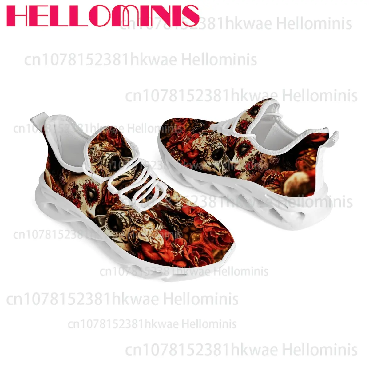 Sugar Skull Floral Print Day of The Dead Themed Unisex Adult Casual Sneakers Breathable Mesh Thick Sole Daily Walking Shoes