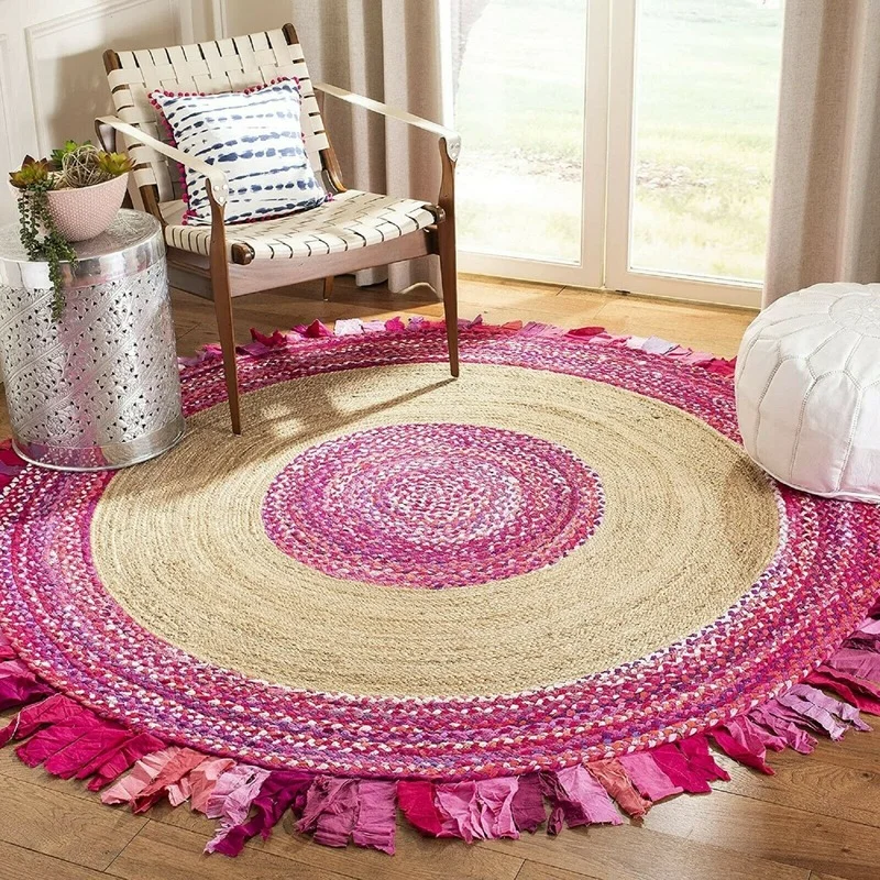  Rug Round Natural Jute Cotton Braided Style Rug Reversible Modern Look Rug