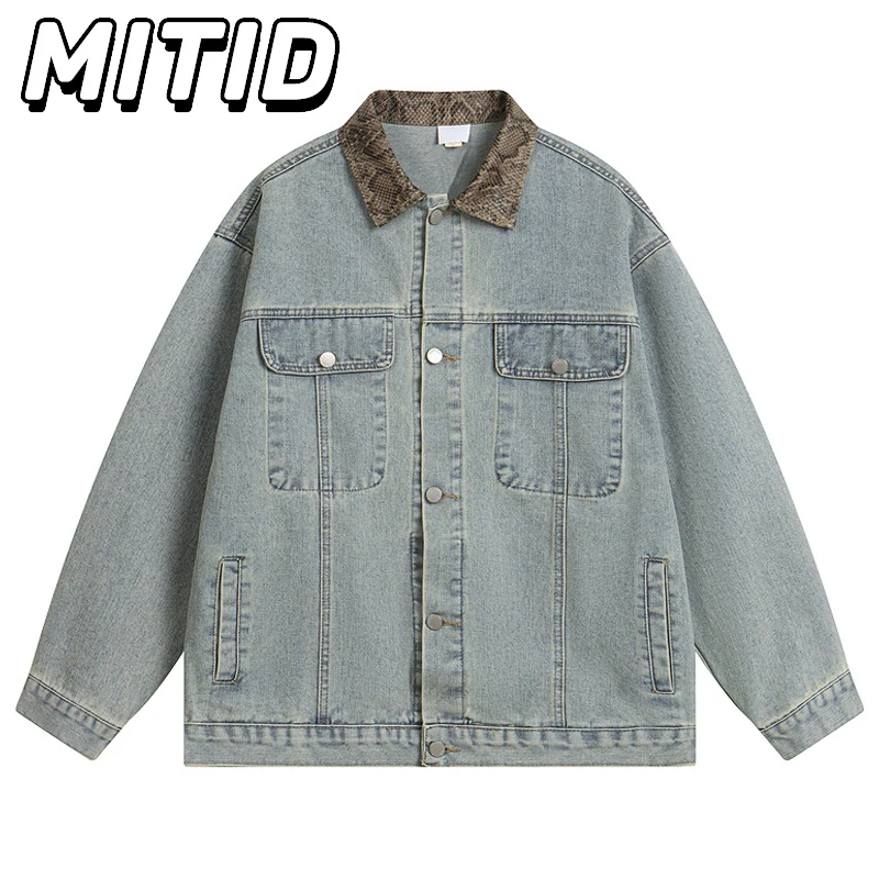 

New Arrival Spring Autumn Denim Jacket Men Retro Snake Pattern Patchwork Mens Jacket Casual Loose Motorcycle Denim Coat For Men