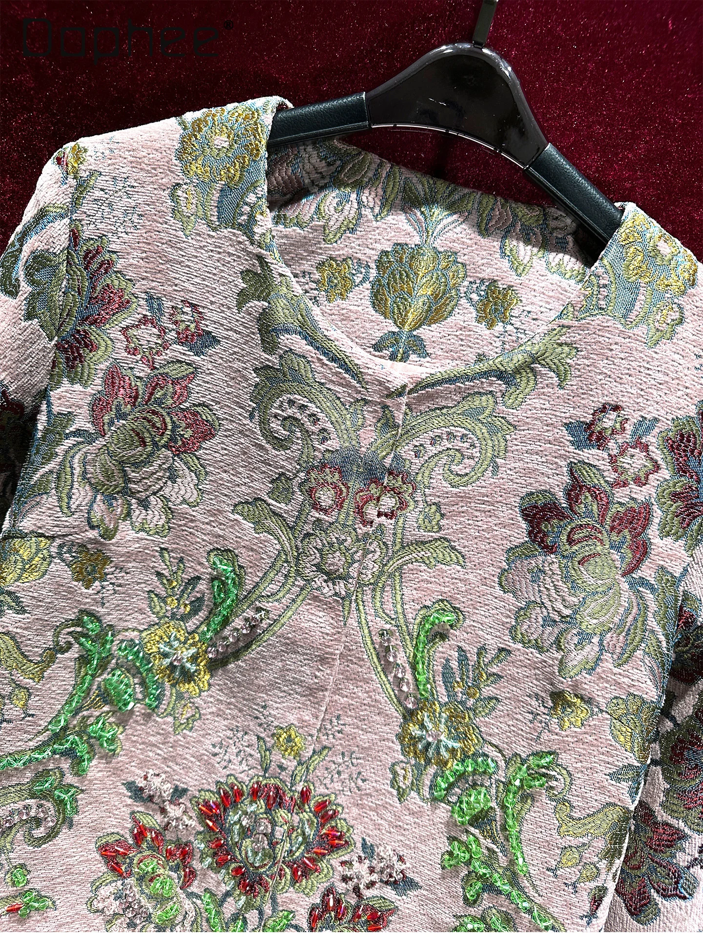 خمر الجاكار الثقيلة الديكور الأزهار التطريز منتصف طول معطف المرأة الراقية الأزياء جولة الرقبة فضفاضة خندق معطف الخريف جديد