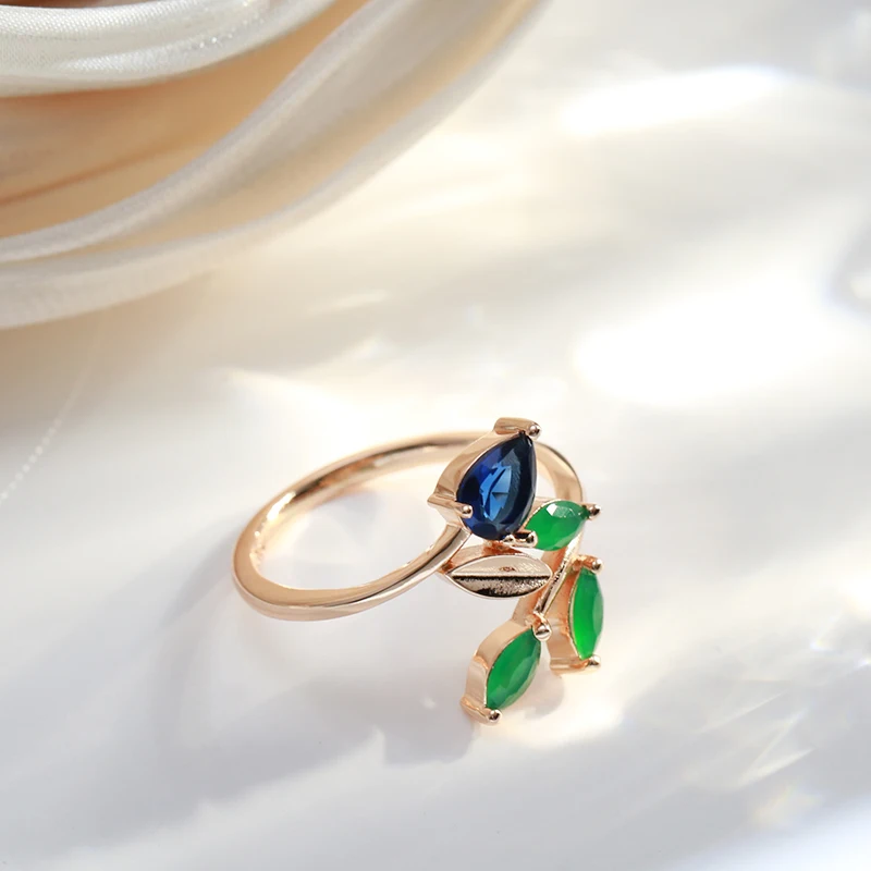 SYOUJYO Green Leaf Zircon Rings For Women Copper Fine Jewelry