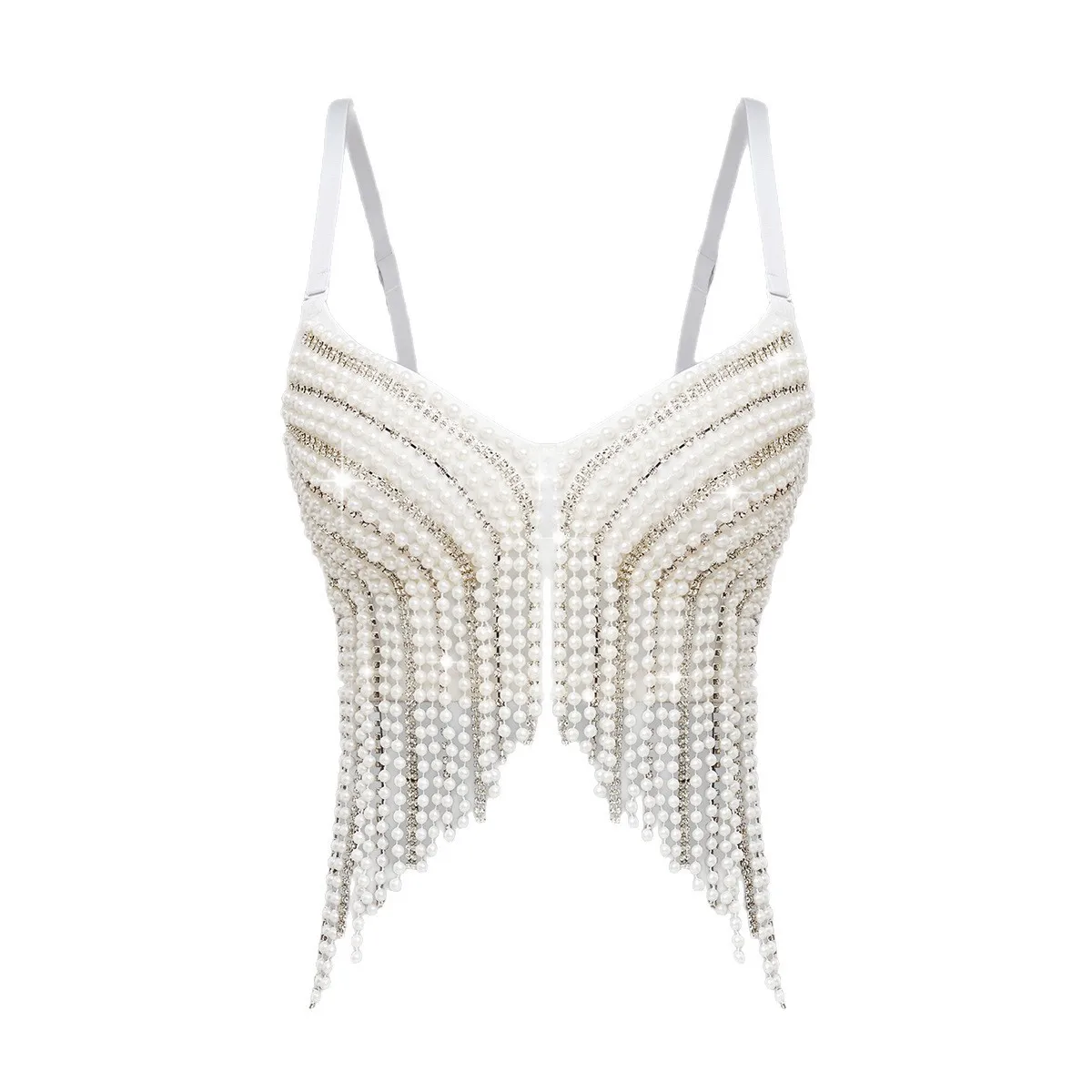 Beaded Fringe Boned Bustier Top Slim Fit Socialite with Rhinestone Embellished Spaghetti Strap All Season Spring Wear for Women