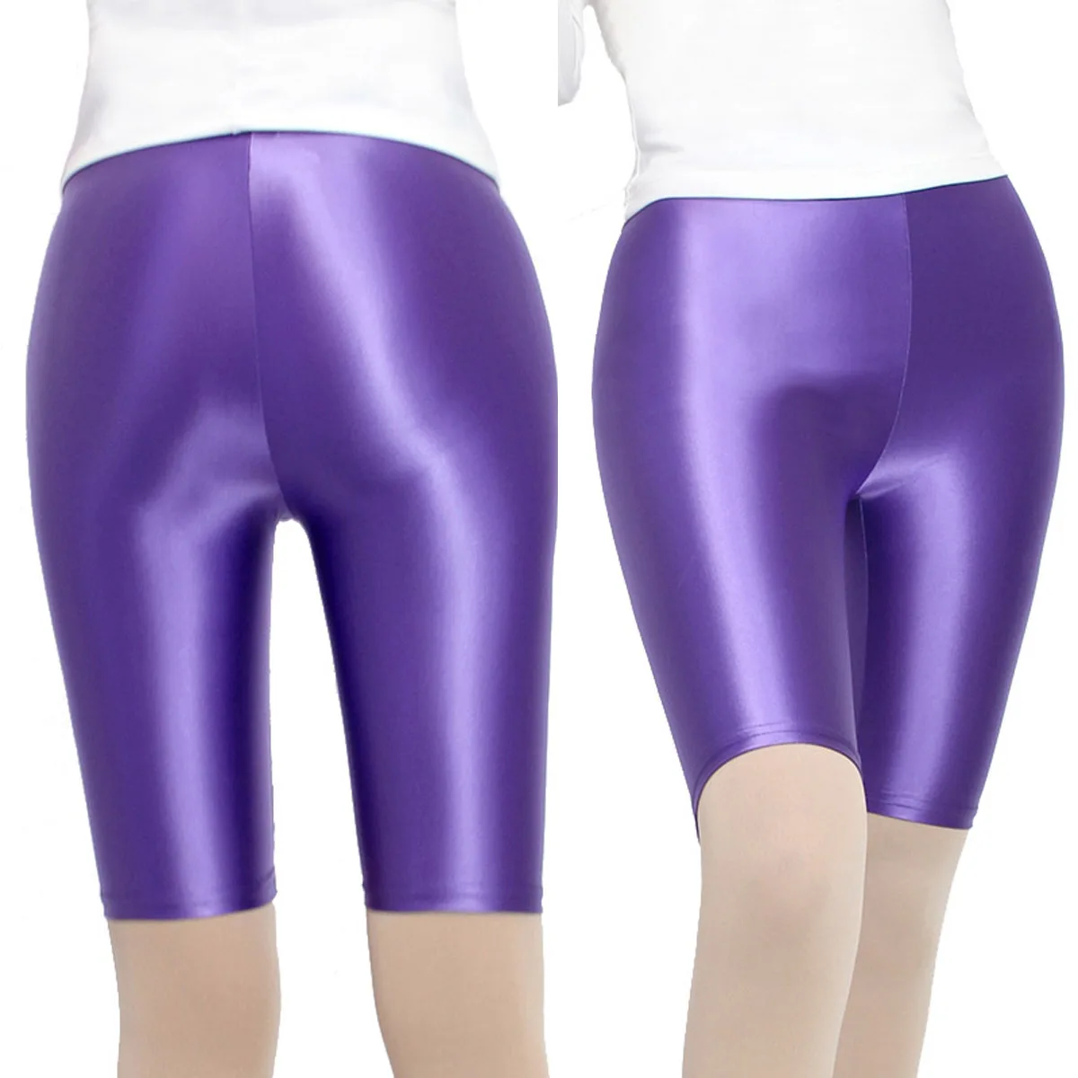 MJINM オイル光沢サテンのような滑らかで伸縮性があり通気性のあるハイウエストスリムフィットボディビルディングスポーツヨガレギンスカジュアル膝丈パンツ