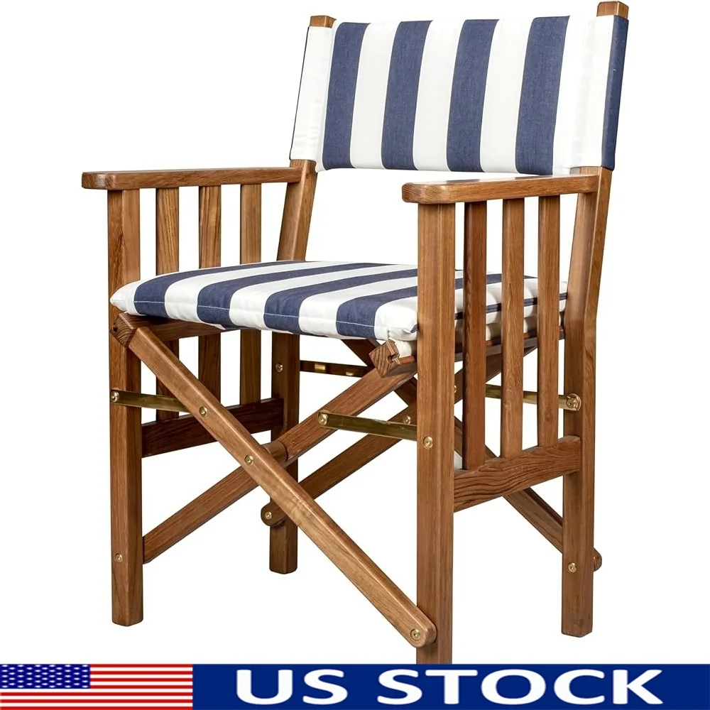 

Teak Folding Director's Chair with Navy Striped Cushion Comfortable Outdoor Seating with Arm Rest Easy Storage Slat Back Design