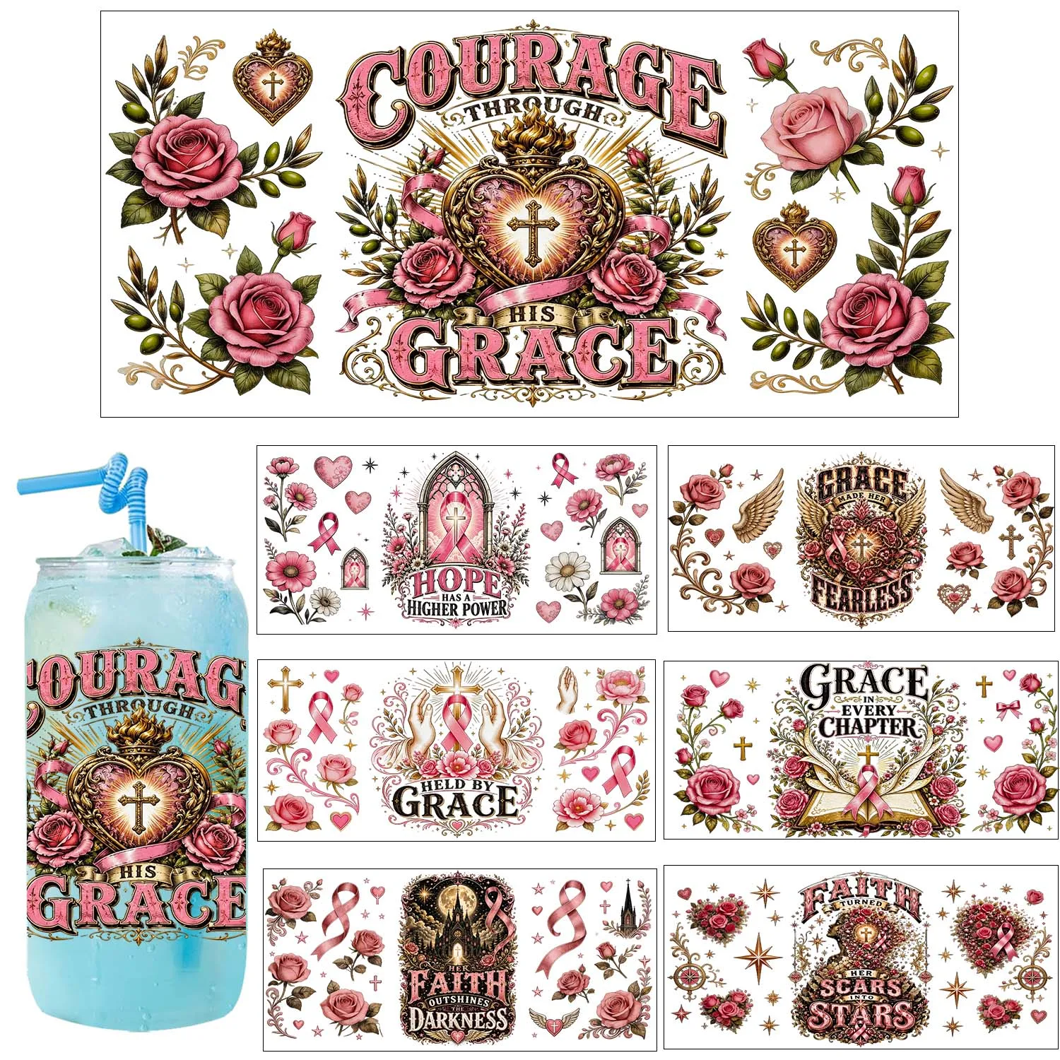 God Blessed Faith Theme UV DTF Transfer Sticker Waterproof DIY Decals 3D Transfers UVDTF Sticker 16oz UV DTF Cup Wraps