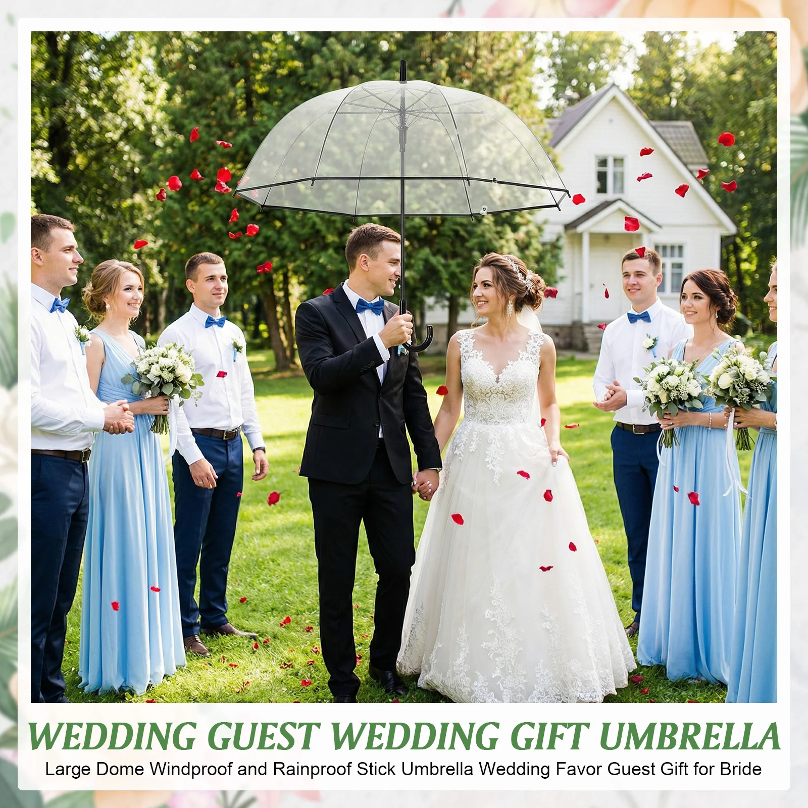 

60pcs Windproof Transparent Wedding Umbrellas with Classic Hook Handle 8 Ribs Auto Open Stick Umbrella Wedding Favors for Guest