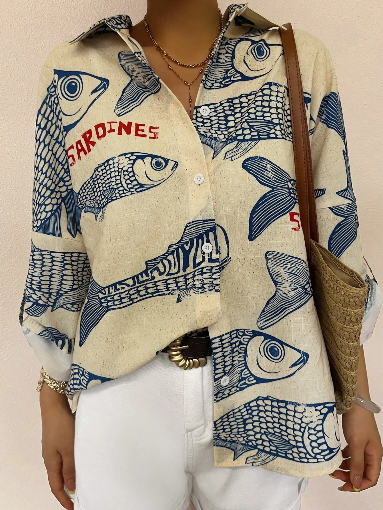 

Женская свободная рубашка с принтом рыбок на пуговицах, повседневный стиль для отпуска