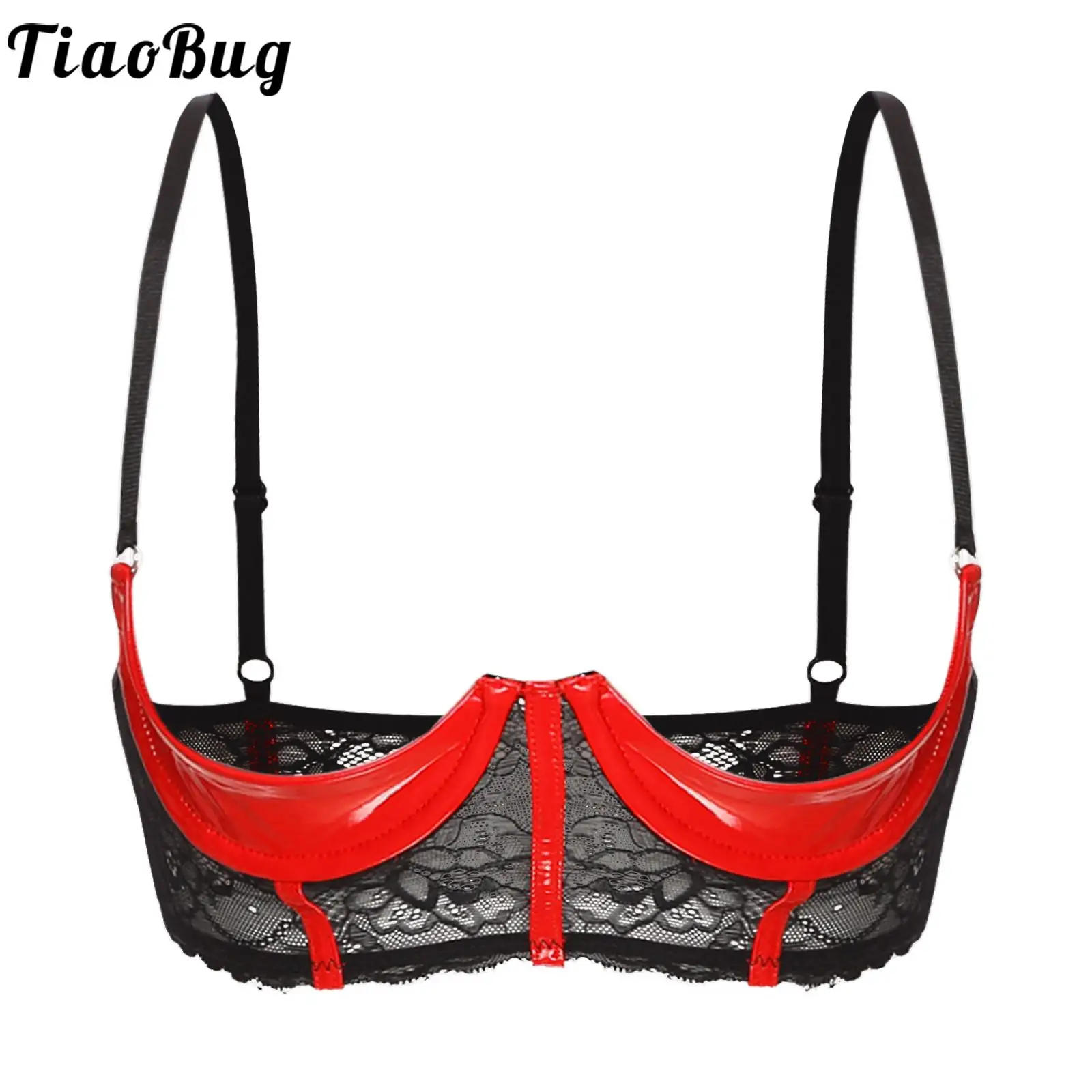 

Womens Patent Leather Bra See Through Lace 1/4 Cups Bra Crop Top Adjustable Straps Push Up Underwire Bralette Underwear Lingerie